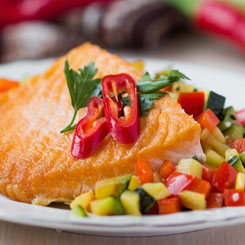 Poached salmon with salsa, snow peas & green beans photo