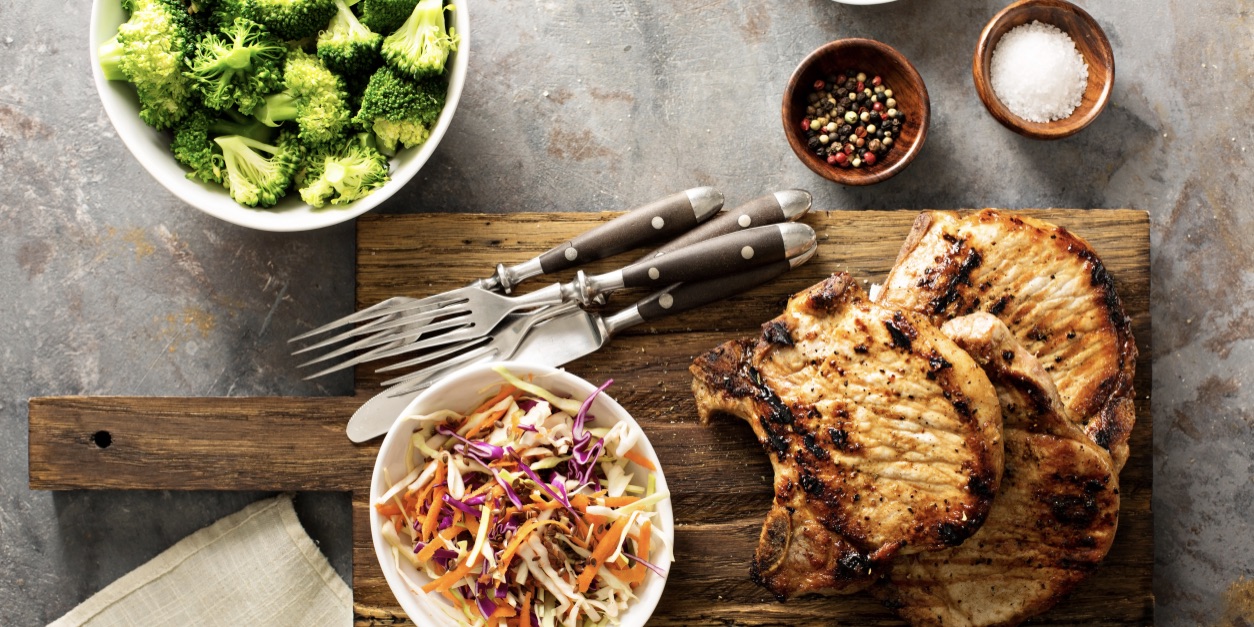 Sauté pork with red cabbage, pear & pine nuts photo