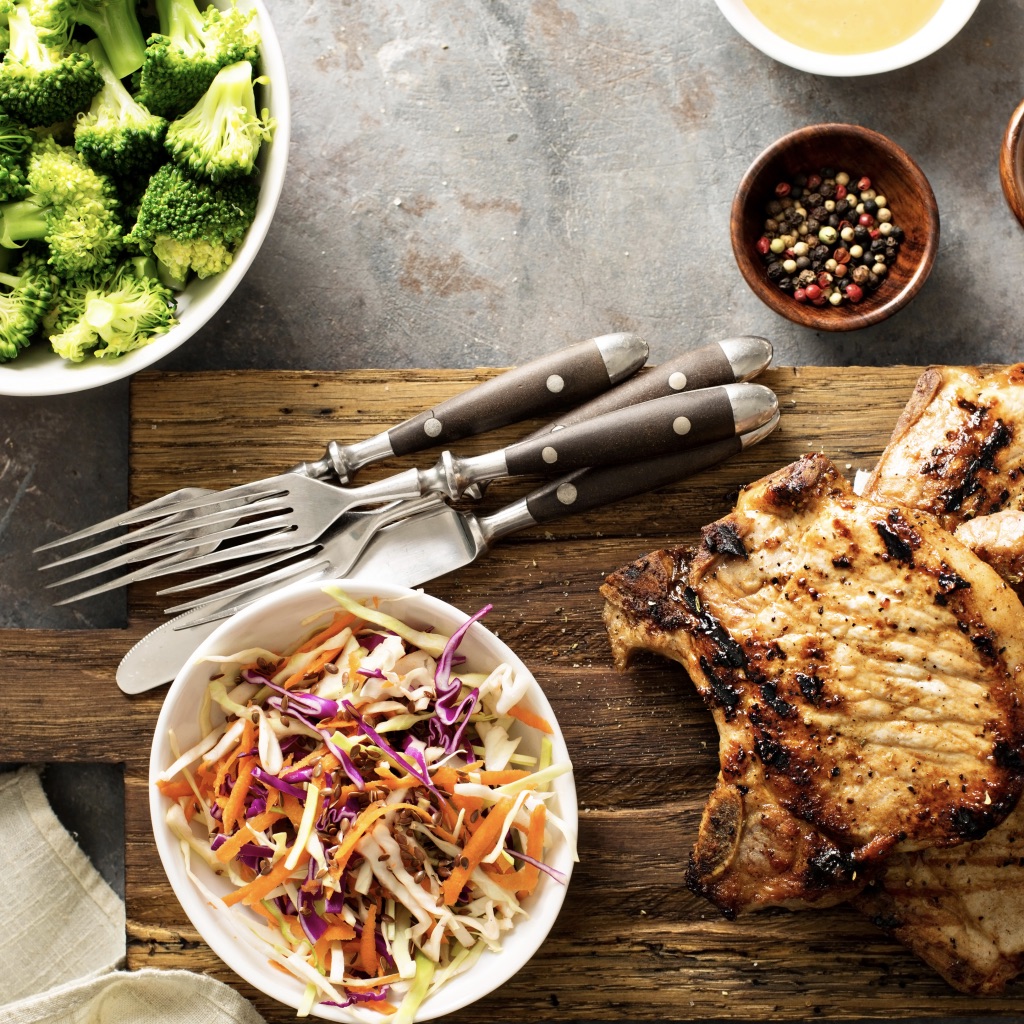 Sauté pork with red cabbage, pear & pine nuts photo