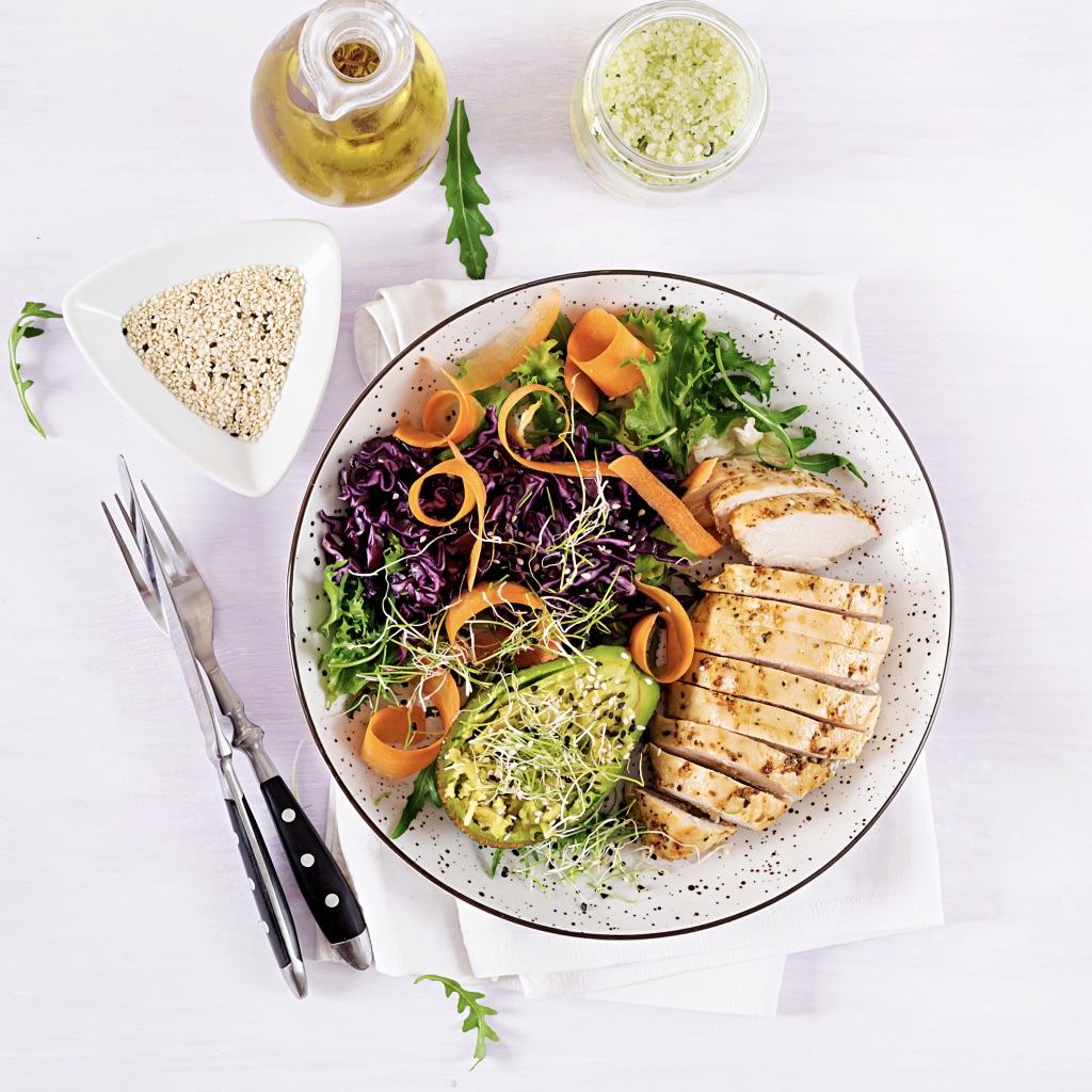 Poached chicken spring salad with avocado photo