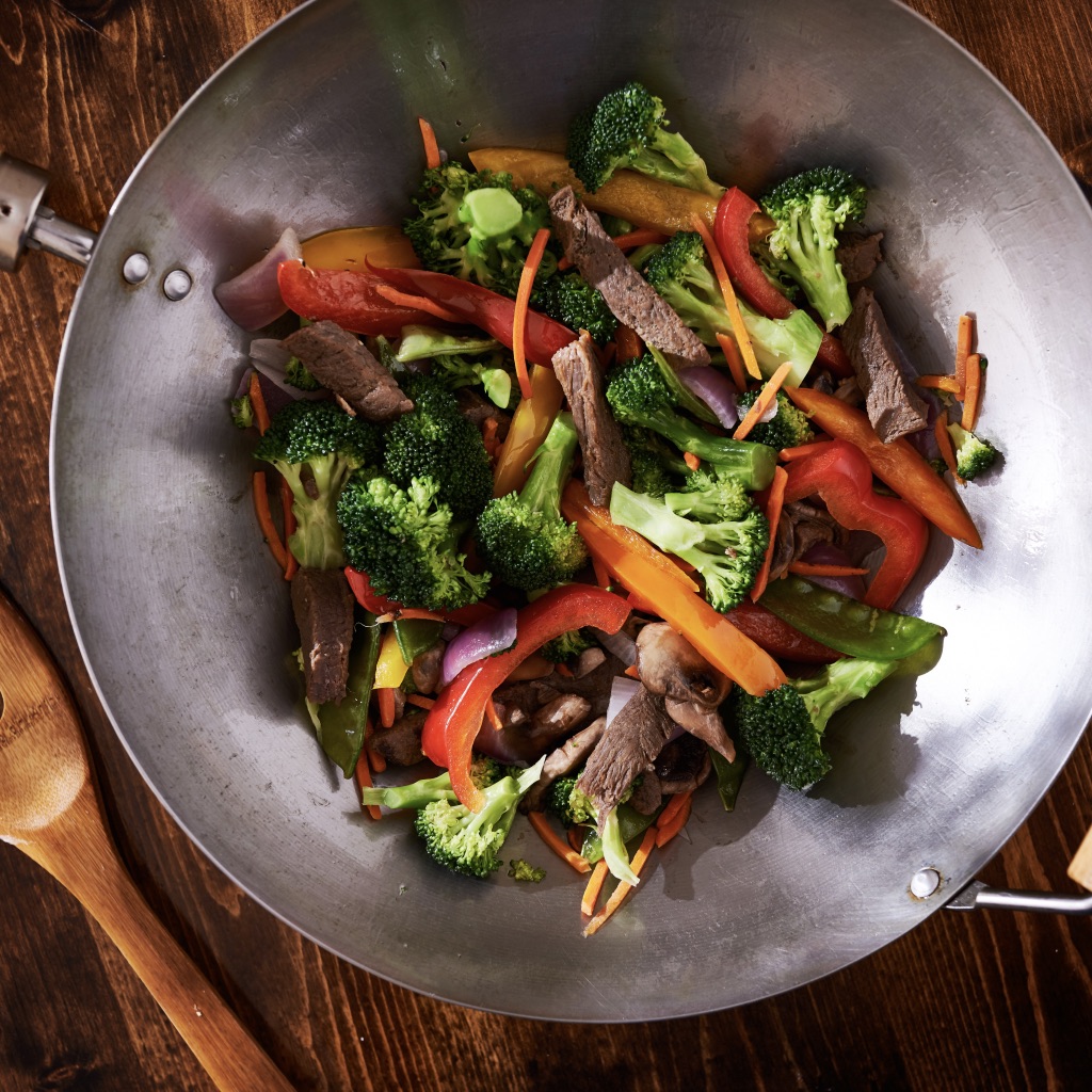 Stir-fried beef with shiitake and Asian greens photo