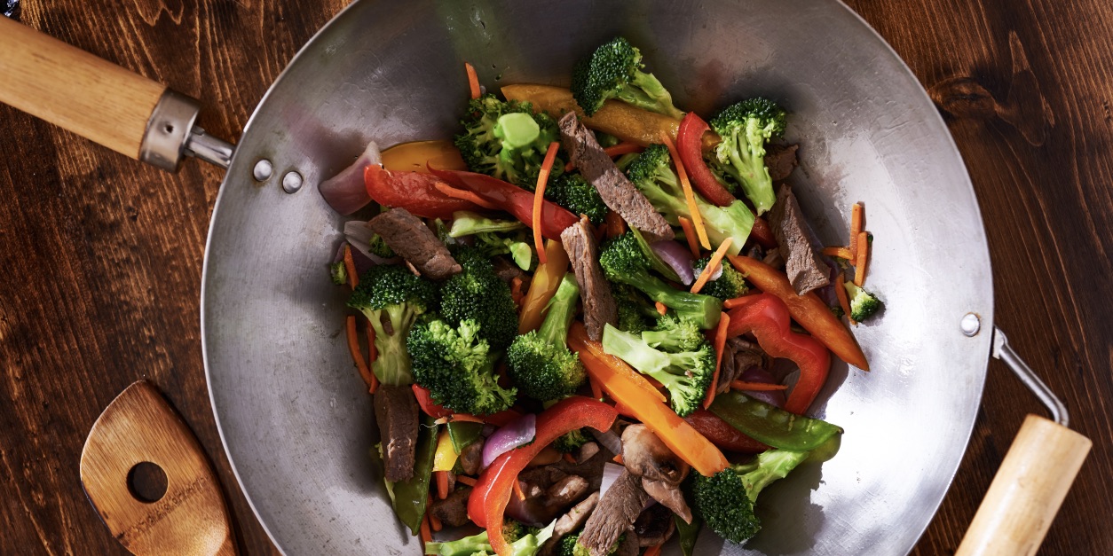 Stir-fried beef with shiitake and Asian greens photo